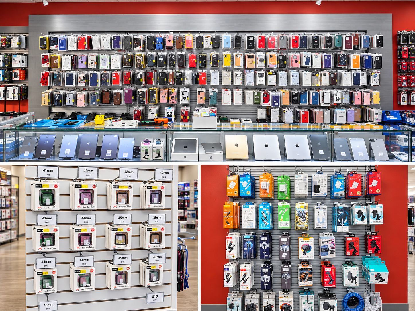 Phone accessories wall at College Park Wireless